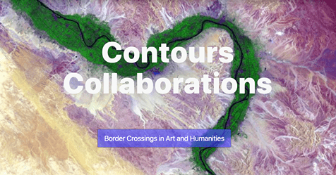 White text which says 'Contour Collaborations' with a smaller purple boxed text below it, containing the words 'Border Crossings in Art and Humanities'