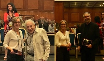 Collage image of Elihu Katz, Ph.D. and Michael X. Delli Carpini, Ph.D. receiving their awards from ICA President Paula Gardner