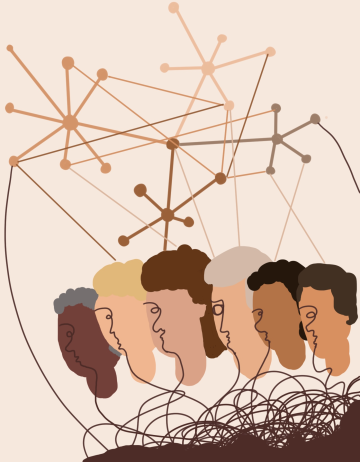 Abstract heads with different hair and skin tones, connected by lines and spiky network diagrams above