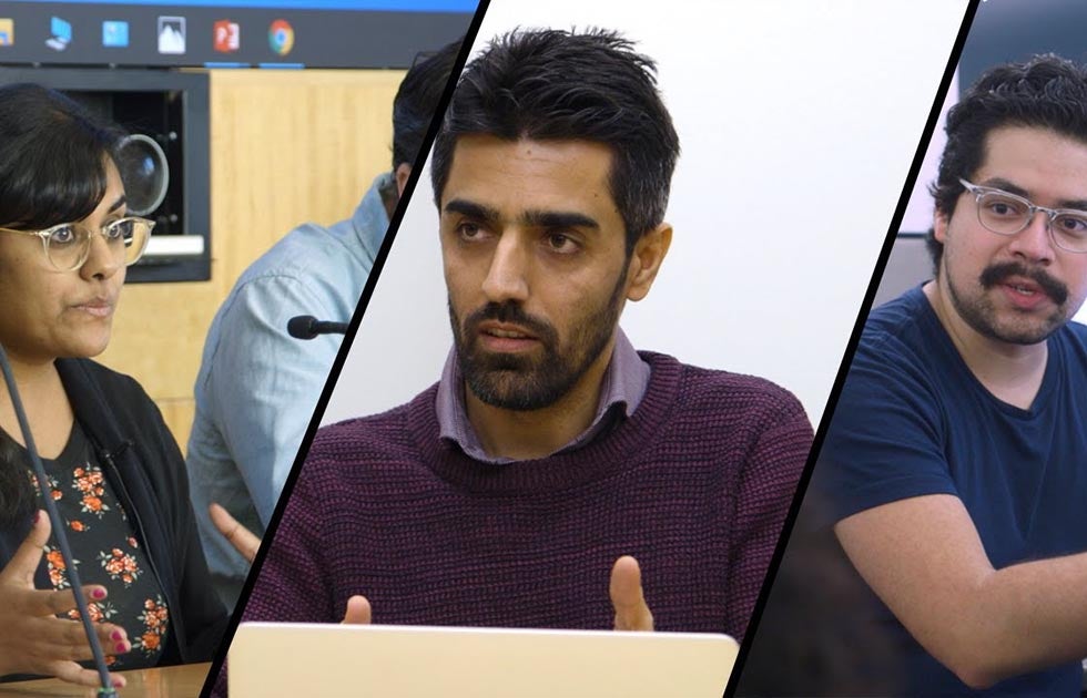 Three student faces spliced together into a triptych