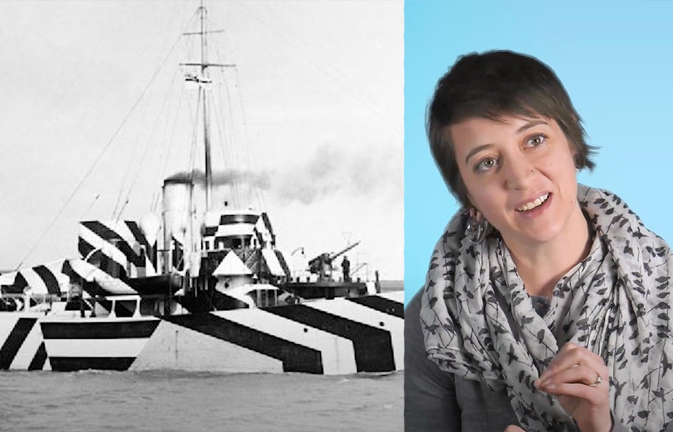 Jessa Lingel on the right and a ship on the left painted with haphazard black and white stripes