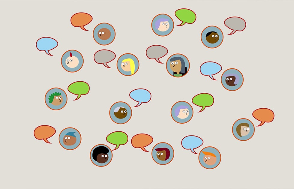 illustration of different people's heads with speech bubbles on each