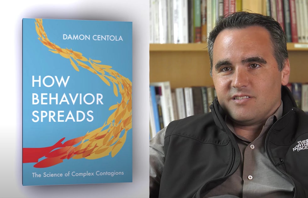 Damon Centola and the cover of his book, &quot;How Behavior Spreads&quot;