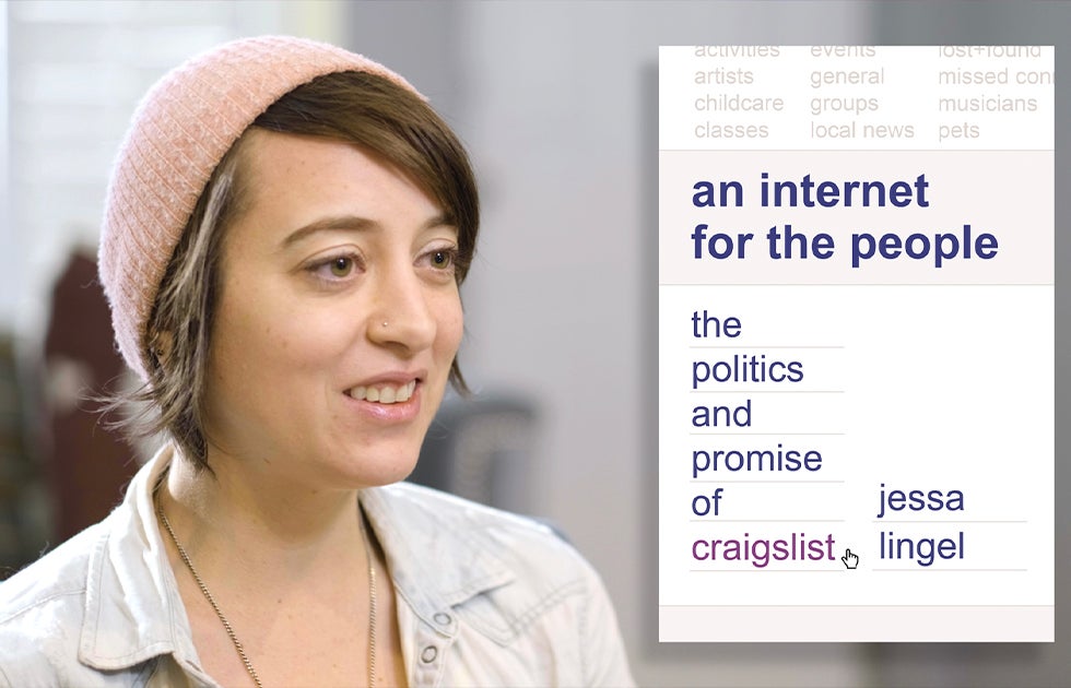 Jessa Lingel and the cover of her book, &quot;an internet for the people: the politics and promise of craigslist&quot;