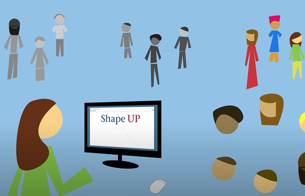 Illustration with different groups of figures or heads, and a person looking at a screen that says &quot;ShapeUP&quot;