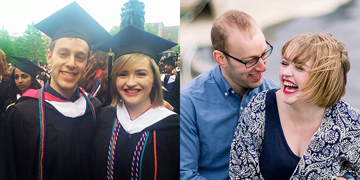 two photos of Meg MacInnes and Brandon Fleischer, one old and one current