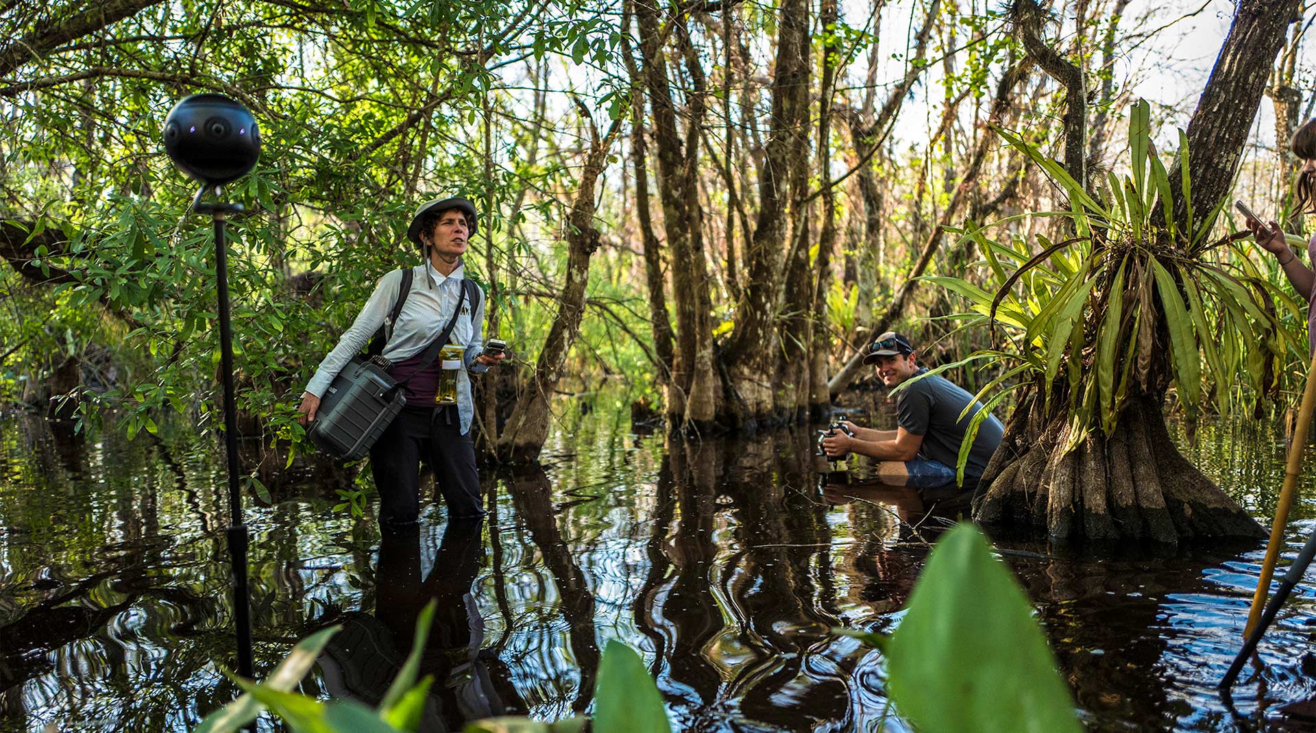 Two people standing in a swamp with film equipment