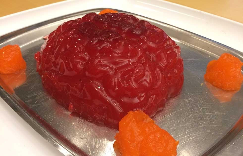 A red mass of jello shaped like a brain, surrounded by smaller orange jello brain-shaped blobs