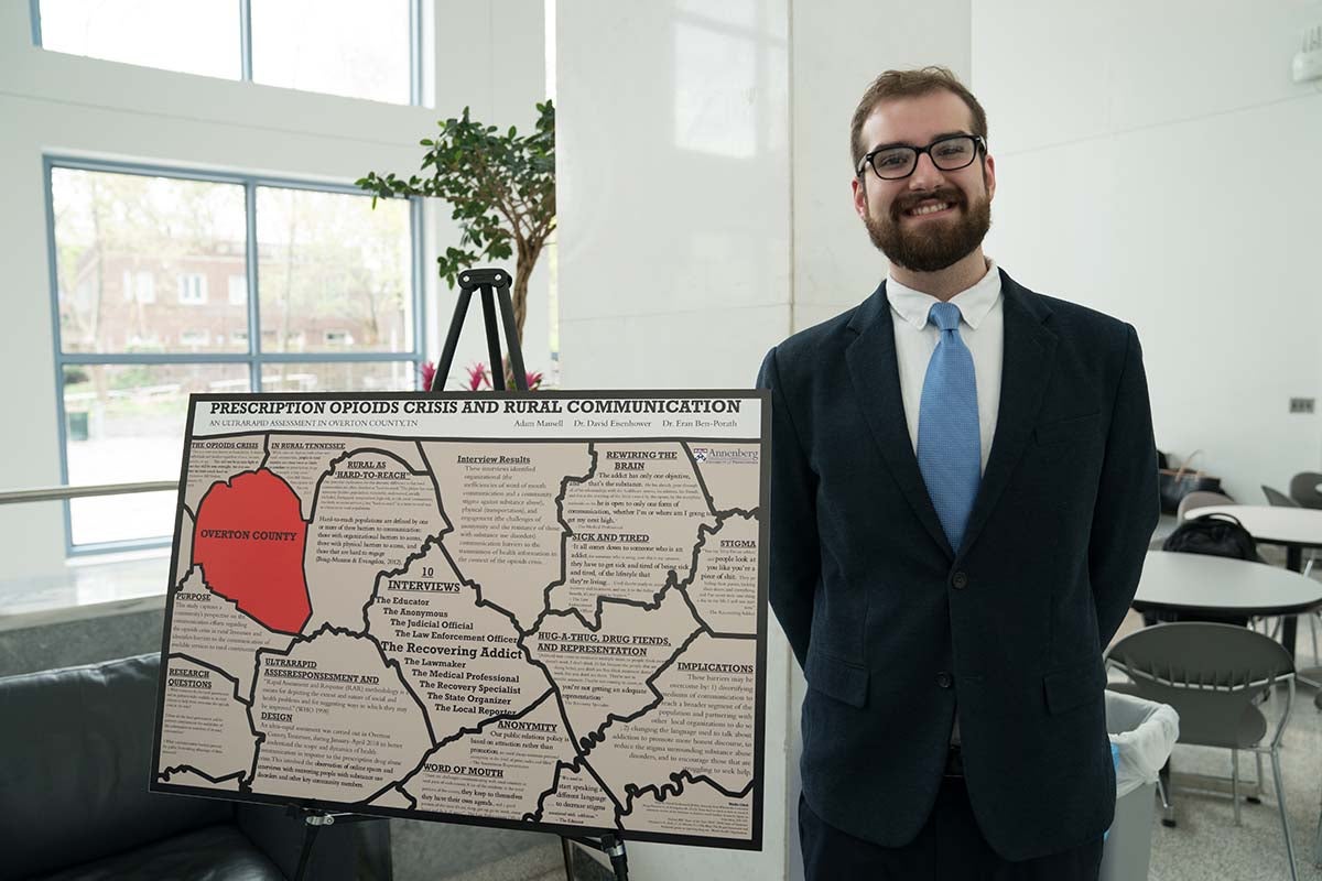 Adam Mansell poses with thesis poster.