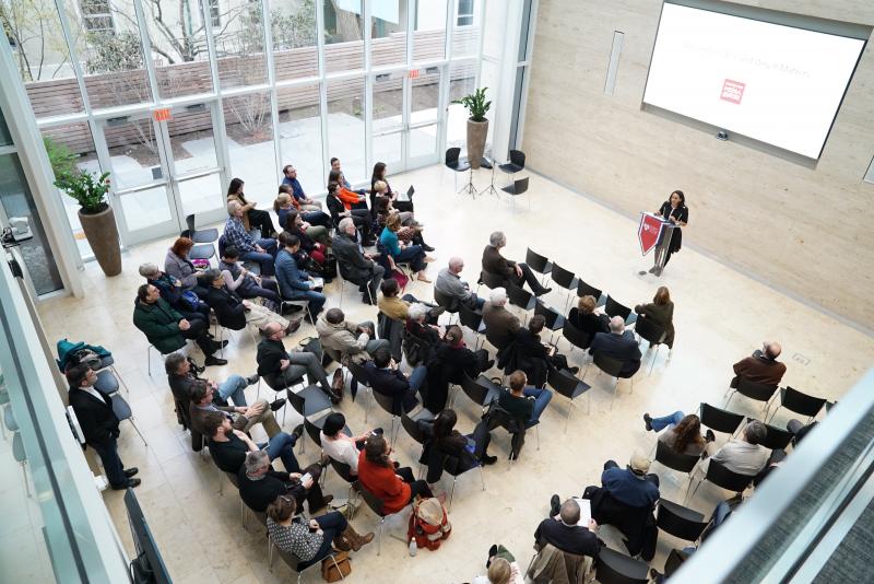 overhead view of speech being given to audience at Perry World House at the University of Pennsylvania