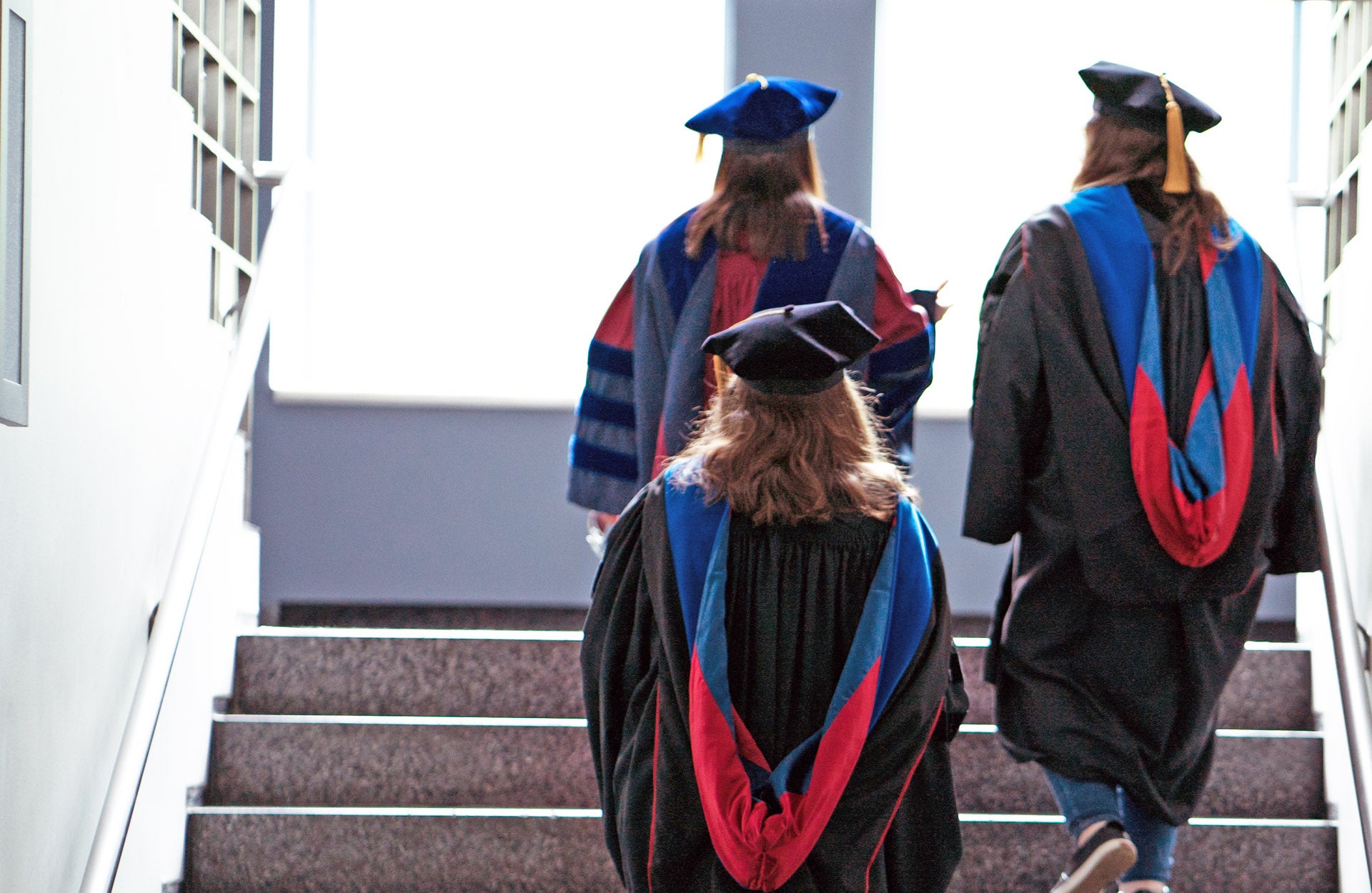 graduation 2019 photo 1920x1250.jpg backs of graduates in cap and gown as they walk up the stairs