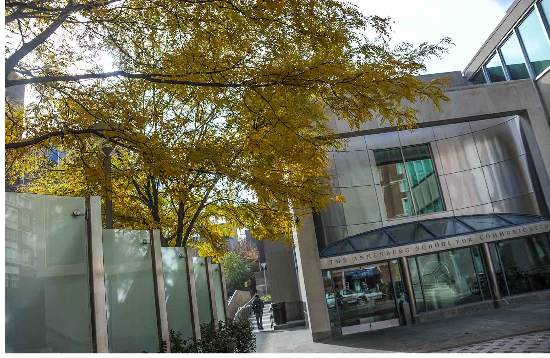 Fall Exterior 1920 x 1250.jpg Walnut Street Exterior of the Annenberg School building with yellow fall tree