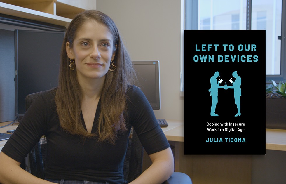 Julia Ticona with the cover of her book, &quot;Left to our own devices&quot;