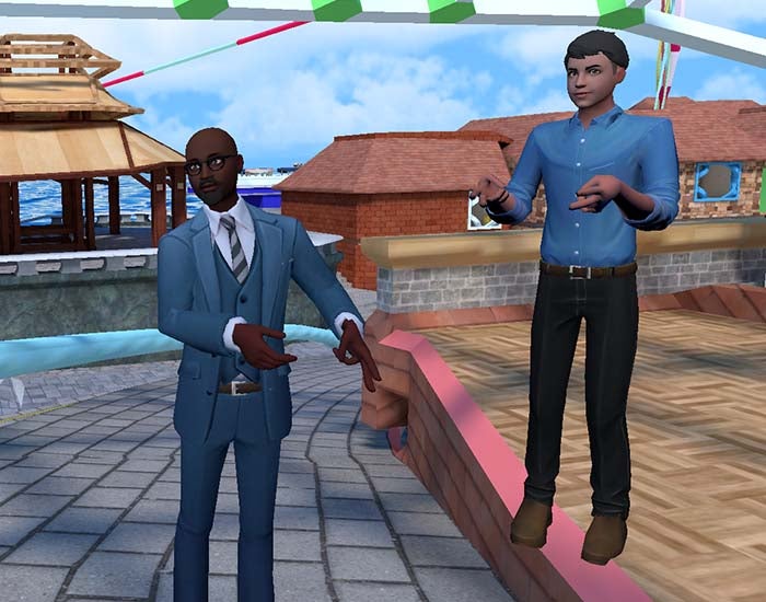 Two avatars standing next to each other somewhat gesturing as if speaking, standing on a virtual background with various architectural elements