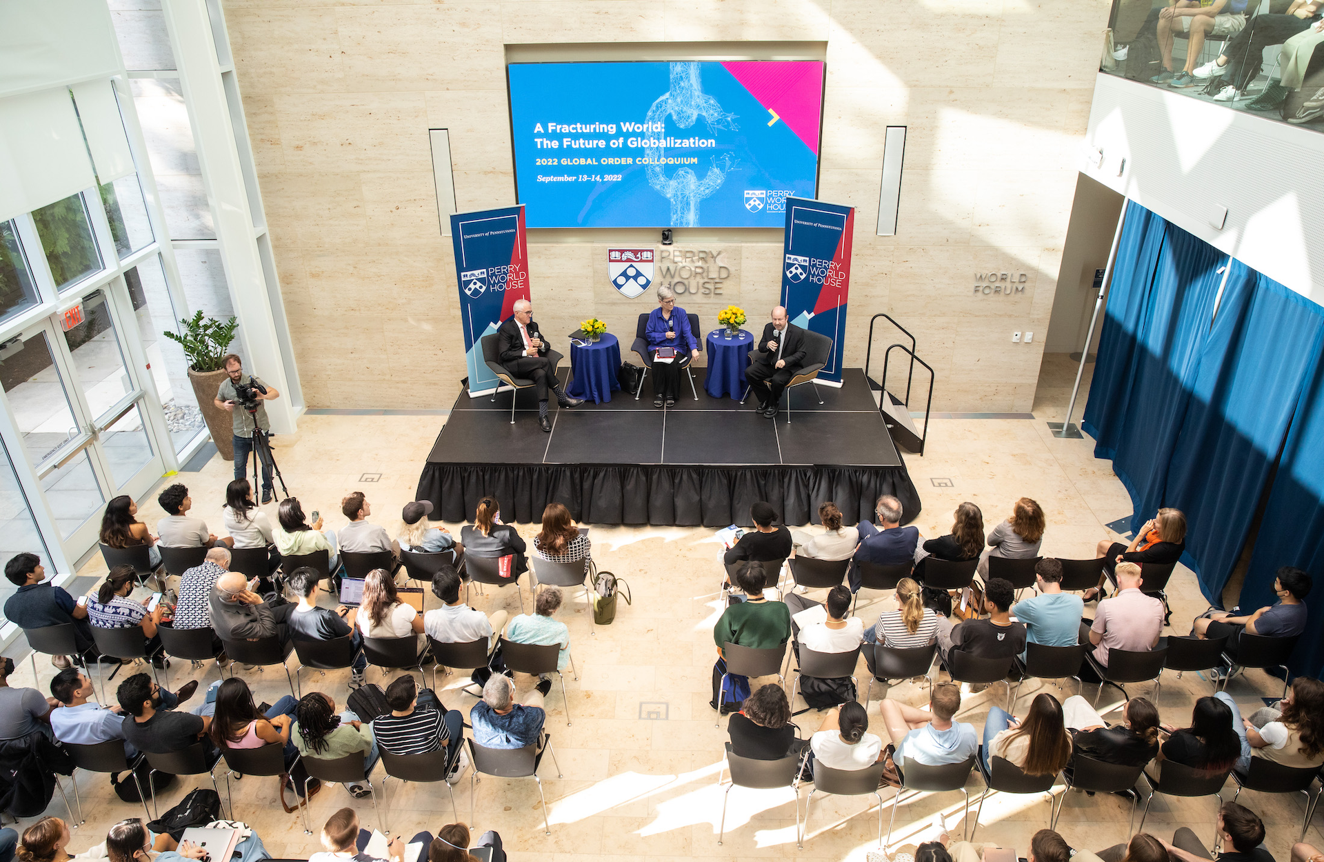 PWH1920.png Former Australian Prime Minister Malcolm Turnbull, Kathleen Hall Jamieson and Penn climate scientist Michael E. Mann sit on a stage at Perry World house in front of an audience of listeners