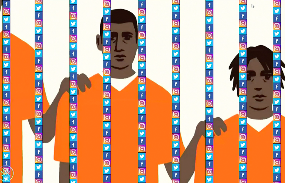 Cartoon-style image of three people in orange prison jumpsuits with the social media icons of Twitter, Facebook, and Instagram across the screen