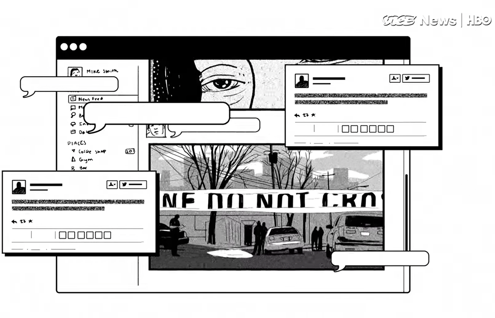 Black and white decorative drawing of a cartoon social media screen