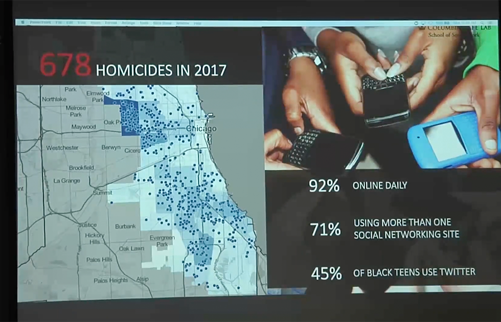 Slide showing statistics stating that Chicago had 678 homicides in 2017, and statistics about social media use (92% online daily, 71% use more than one social networking site, 45% of Black teens use Twitter).