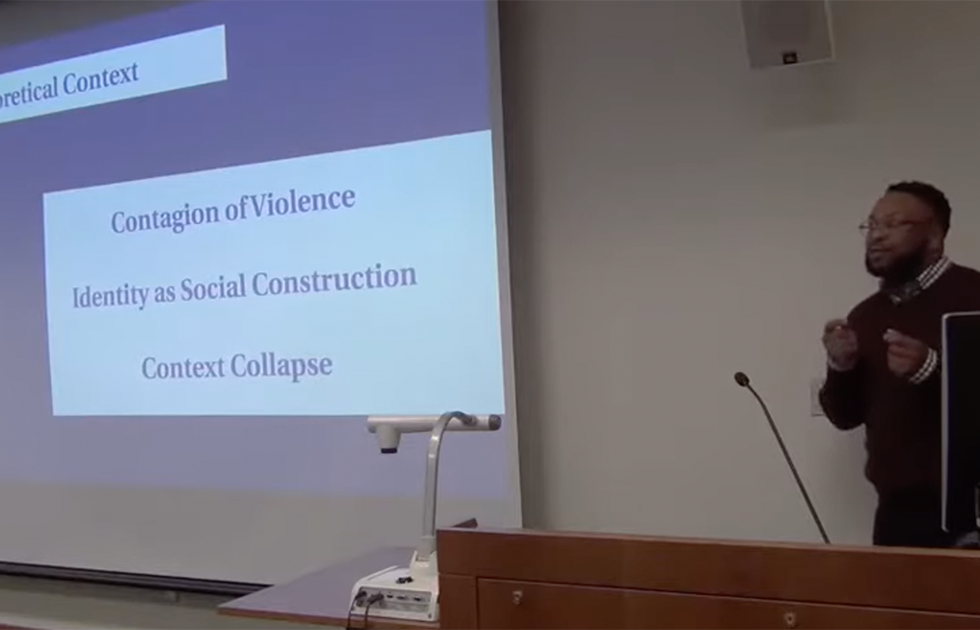 Desmond Upton Patton, Ph.D. giving presentation on community violence and social media