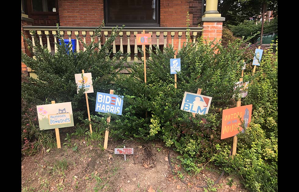 Hand painted lawn signs that say “Housecats for Democrats” with a cat and flower painting, Biden Harris (with Biden logo), Please Scoop the Poop with a dog pooping, “Speak up” with a bird, vote, macho man with a face in a mask, BLM with MLB logo, and Voters in the House