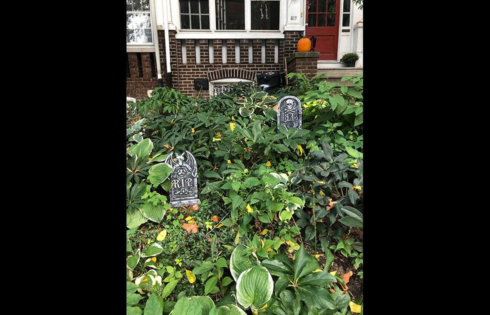 Yard with plants and leaves and two small, fake tombstones. One says “RIP” and one says “BRB” with a skull and crossbones. Both are Halloween decorations.