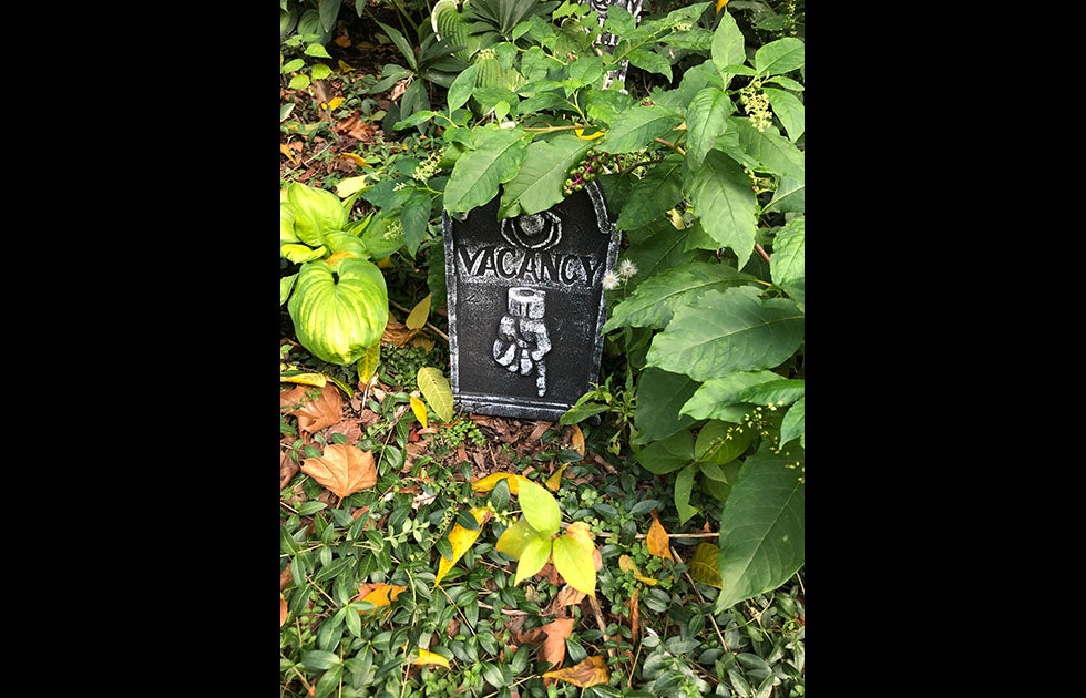 A yard with plants and leaves and a small, fake tombstone that says “Vacancy” and a hand pointing downward into the ground. This is a Halloween decoration.