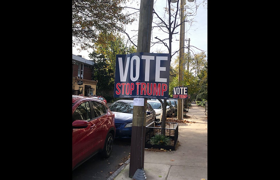 Signs on telephone poles that say “Vote Stop Trump” Note: These were put up overnight before 11/3/20.