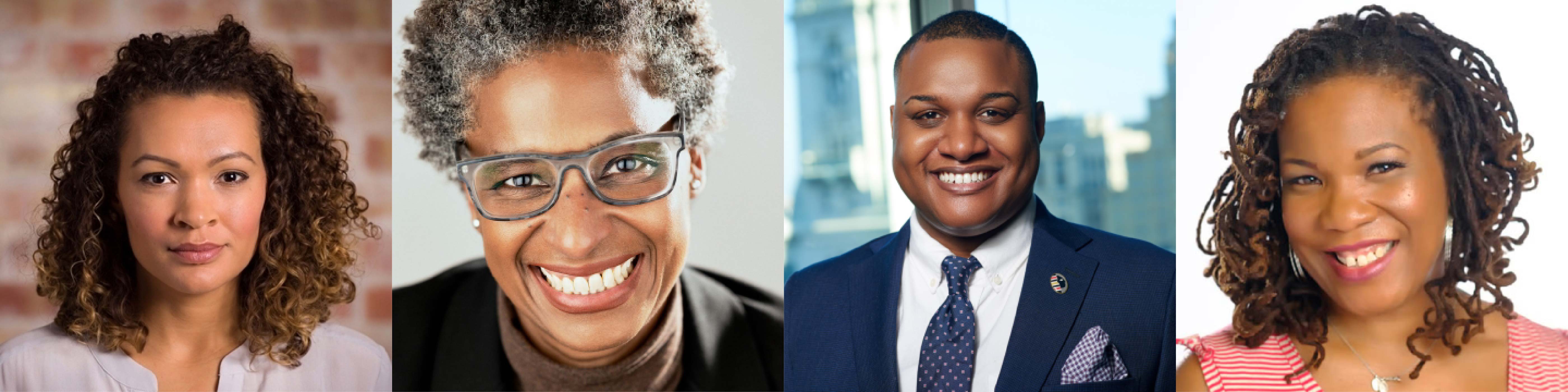 Headshots of Sarah J. Jackson, Yvonne Latty, Ernest Owens, and Elizabeth Wellington