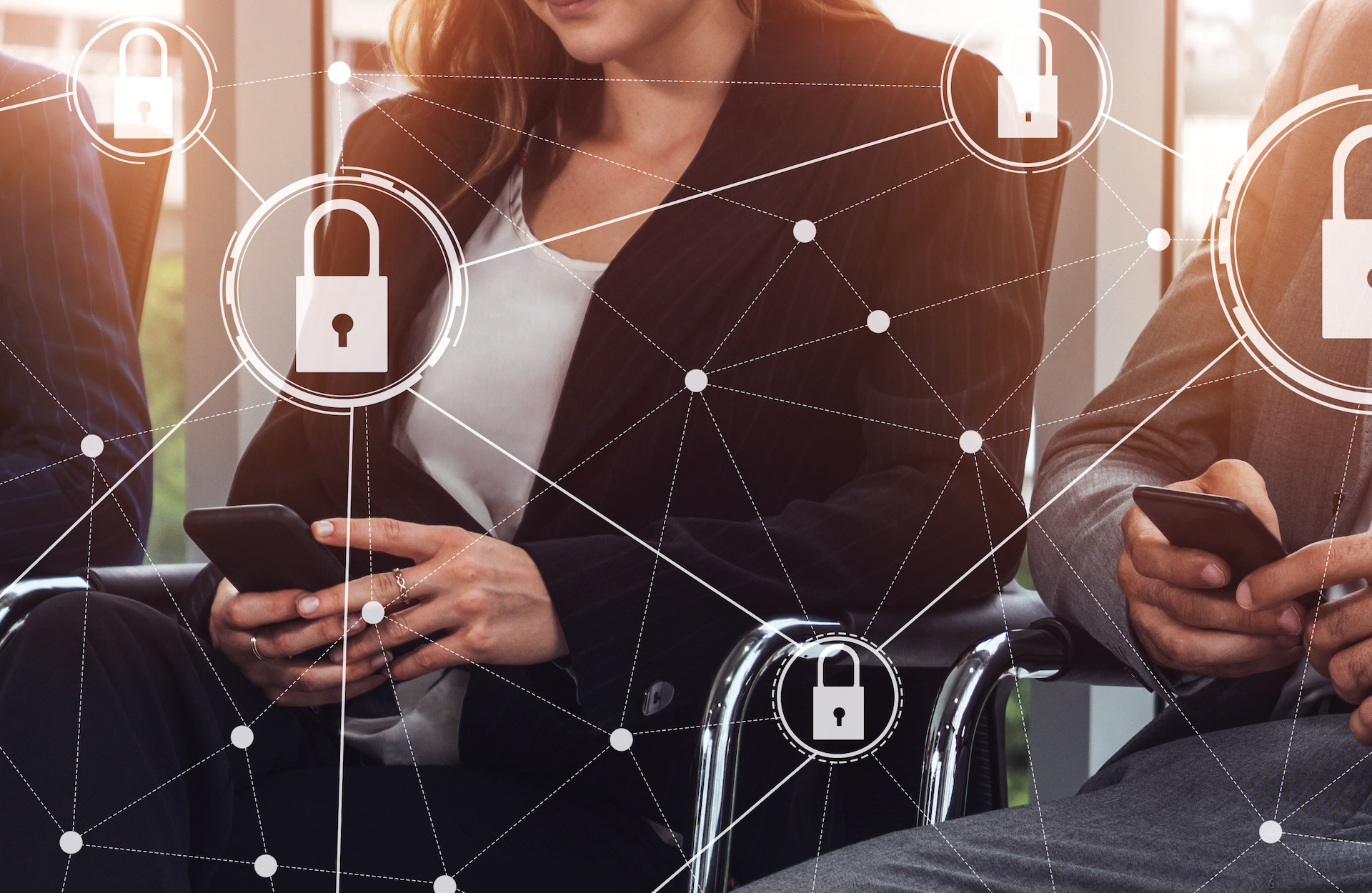 security-privacy-internet-1920.png People sitting holding smartphones overlayed with an abstract illustration of networks
