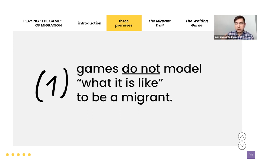Slide from a presentation that says 1) games do not model &quot;what it is like&quot; to be a migrant
