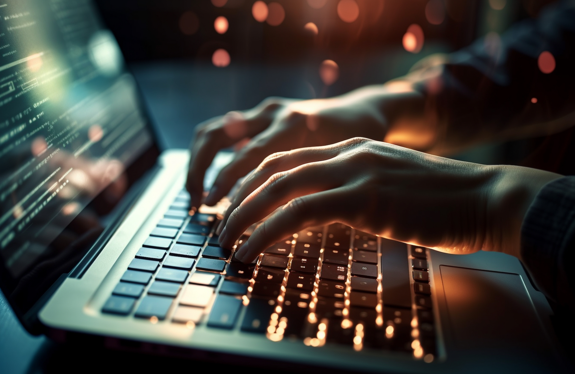 laptop.png Glowing laptop with close - up shot of person's hands typing on the laptop keyboard and blurred out background with bright light shining behind and illuminating the laptop.