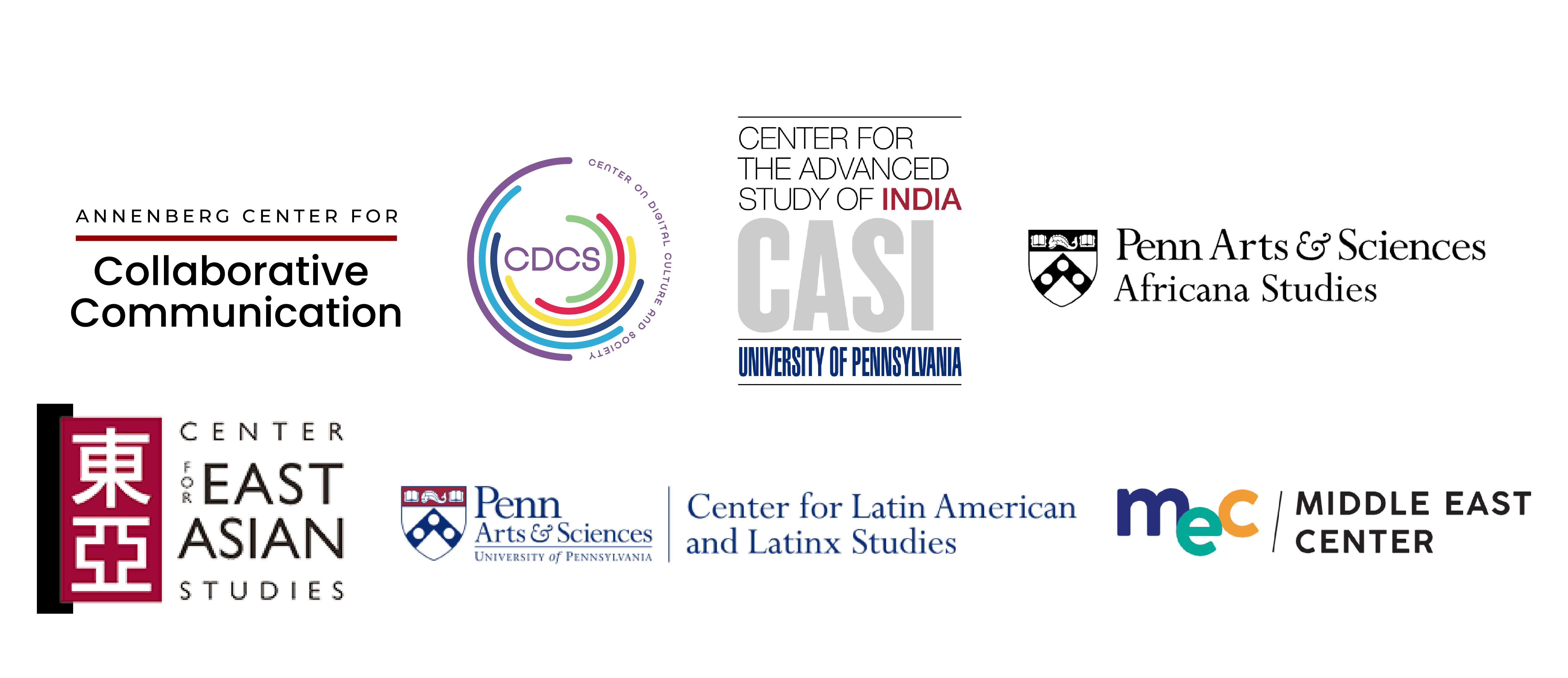Logos for Annenberg Center for Collaborative Communication (Annenberg C3), Center on Digital Culture and Society (CDCS), Center for Advanced Study of India (CASI), Center for Africana Studies, Center for East Asian Studies (CEAS), Center for Latin American and Latinx Studies (CLALS), Middle East Center (MEC)