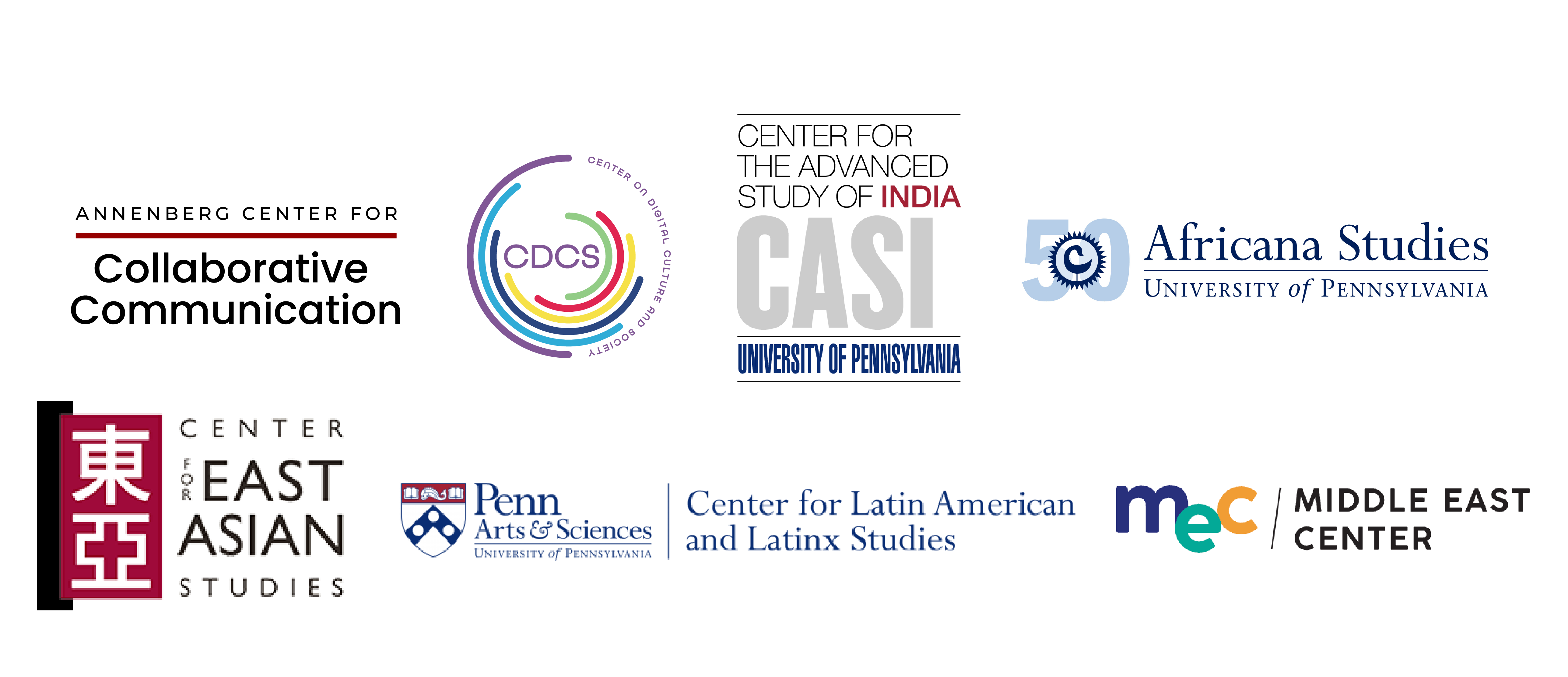 Logos for Annenberg Center for Collaborative Communication (Annenberg C3), Center on Digital Culture and Society (CDCS), Center for Advanced Study of India (CASI), Center for Africana Studies, Center for East Asian Studies (CEAS), Center for Latin American and Latinx Studies (CLALS), Middle East Center (MEC)