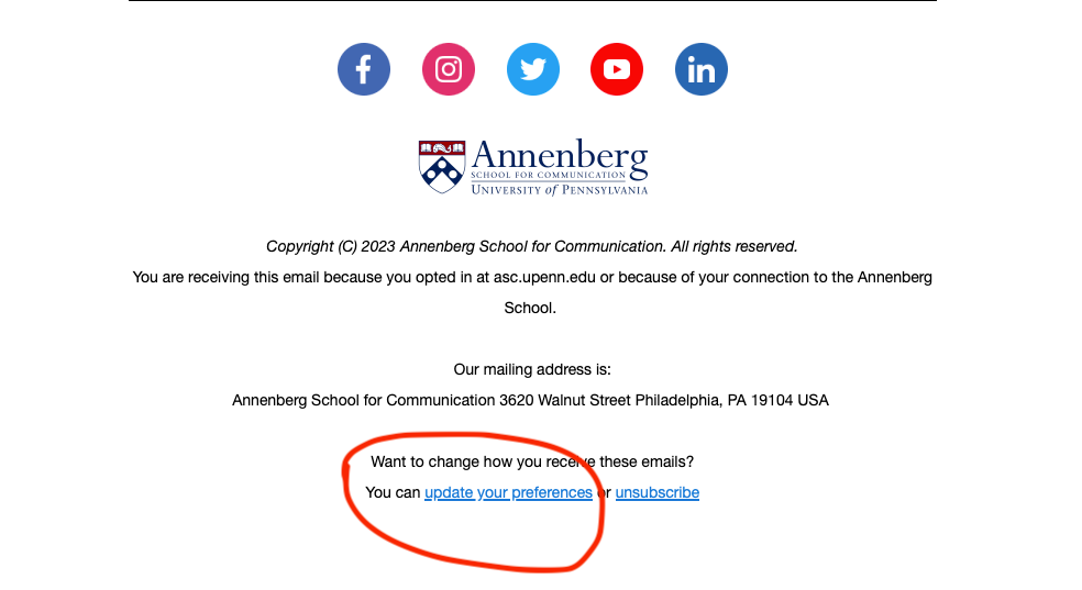 A screenshot of the bottom of an email with the link for "update your preferences" circled in red