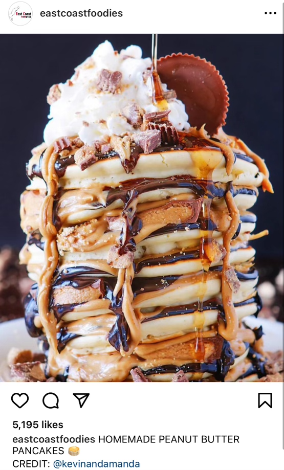 Screenshot of an @eastcoastfoodies Instagram post featuring a photo of peanut butter pancakes