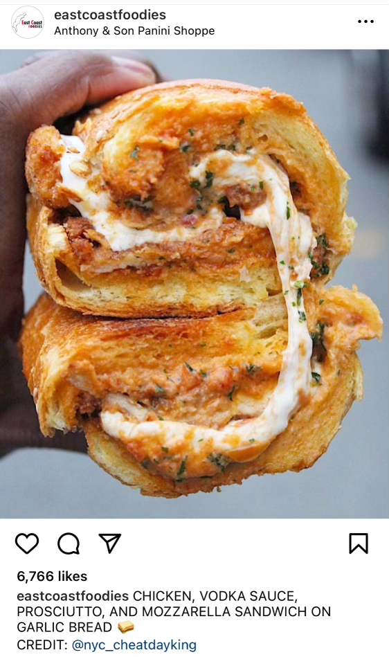 Screenshot of an @eastcoastfoodies Instagram post featuring a photo of a chicken sandwich