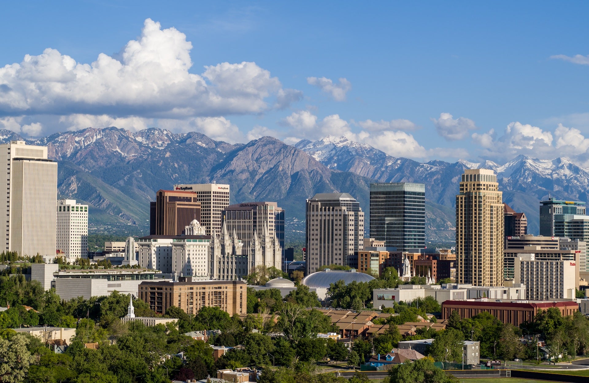 The city skyline of Denver, Colorado during a sunny day