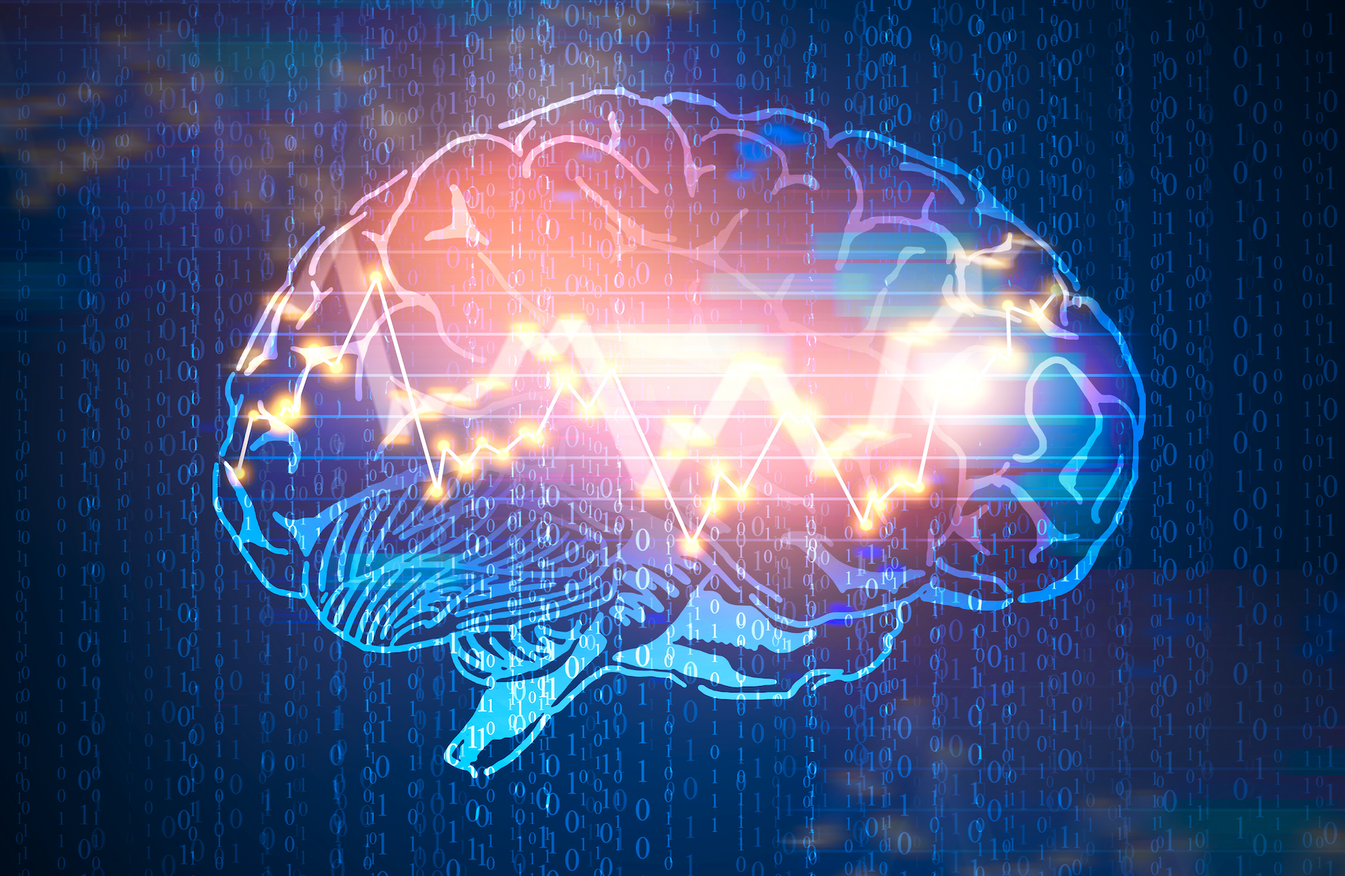 conceptional image of a brain interposed with computer chips
