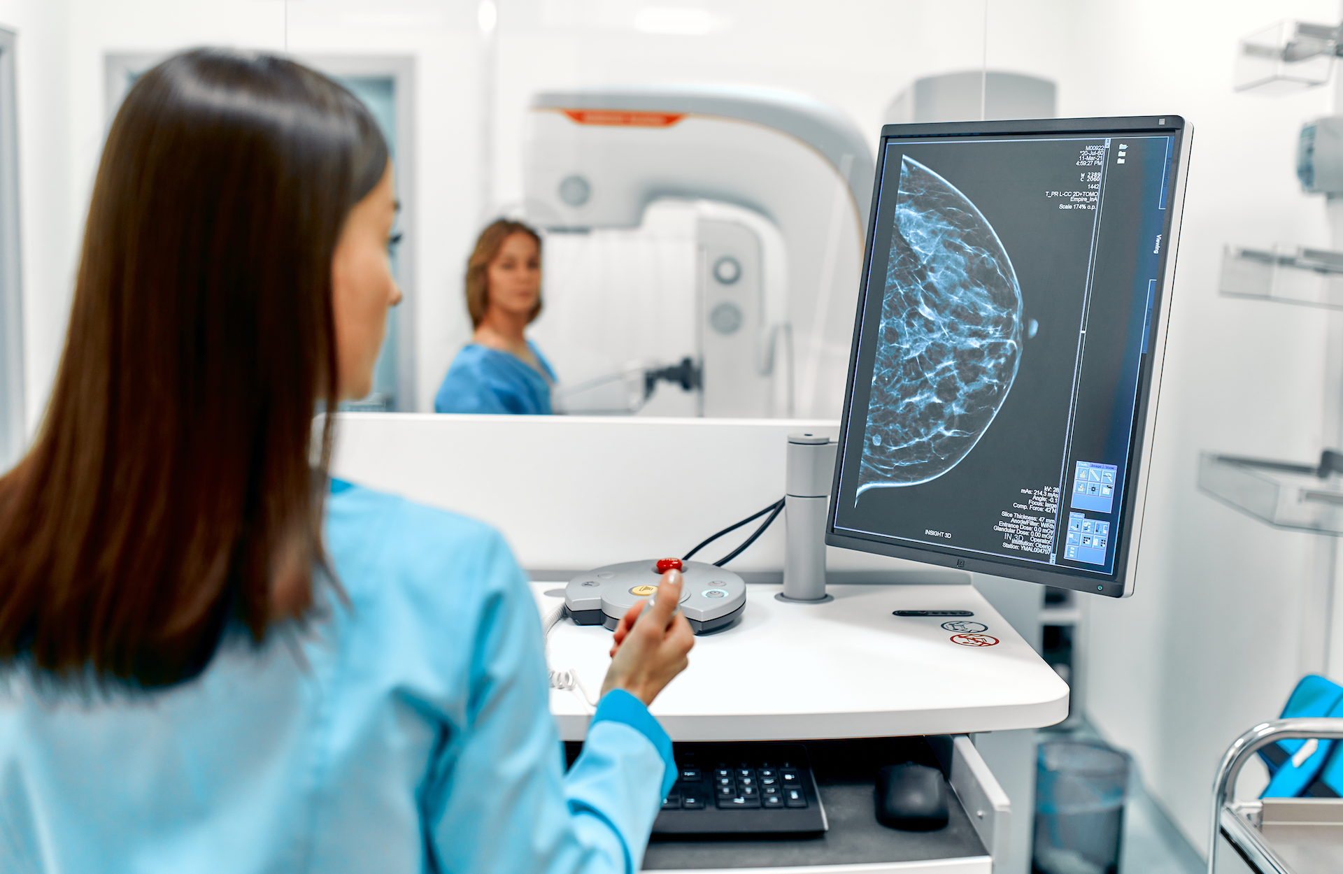 In the hospital, the patient undergoes a screening procedure for a mammogram