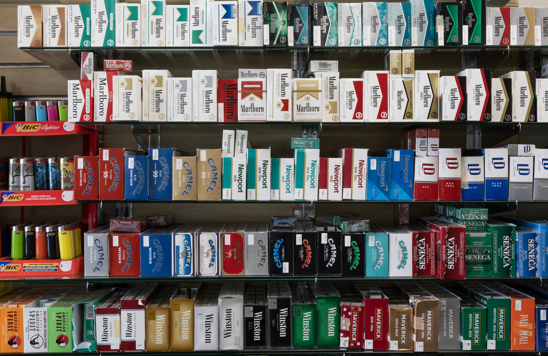Cigarette display at a smoke shop