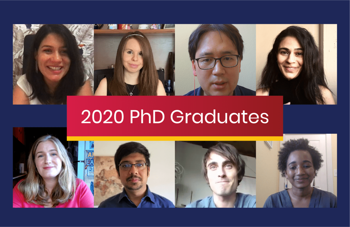 Photos of 8 graduates with the words "2020 PhD Graduates"