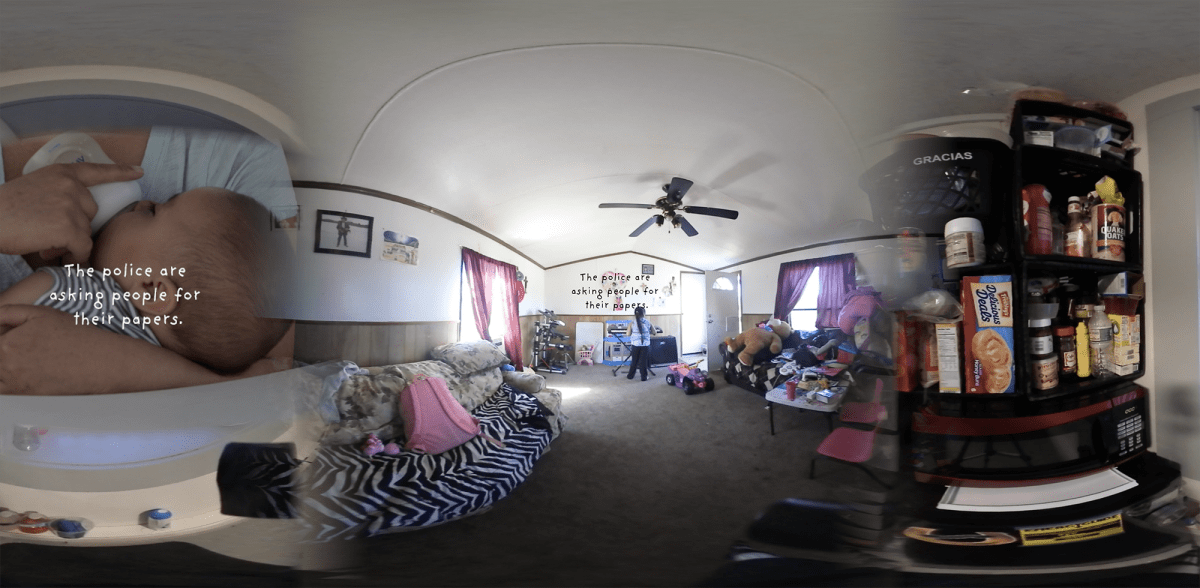 Panoramic image of a girl standing in a living room