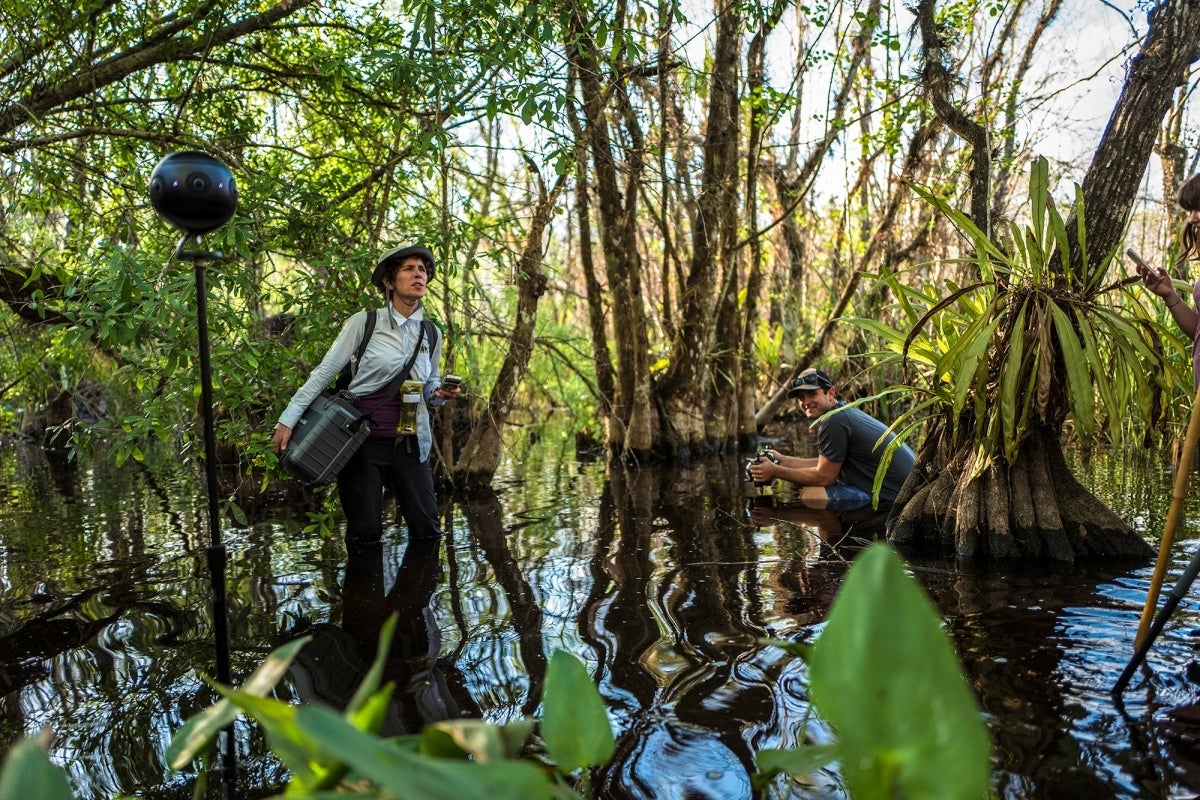 Woman and man standing in a swamp with research equipment