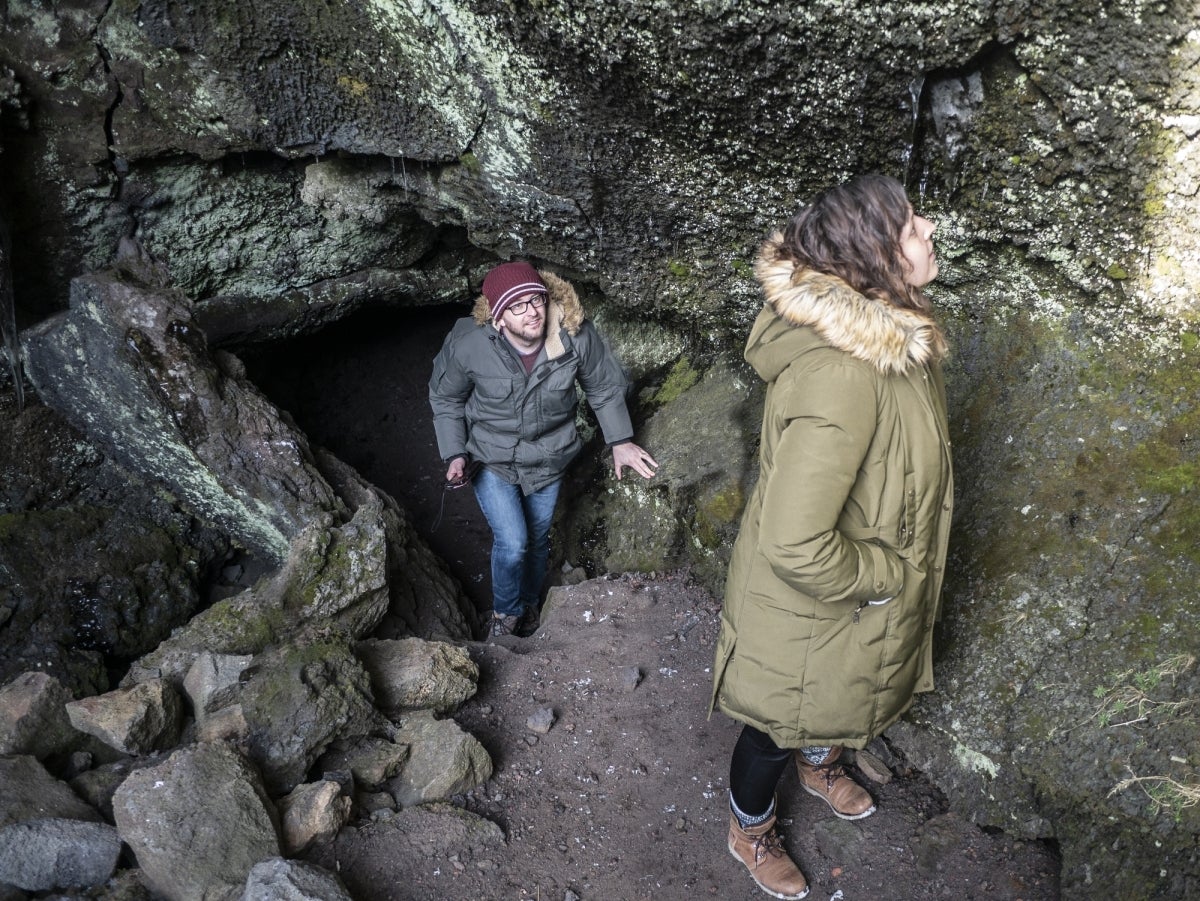 Cooper and Gressitt-Diaz seek out sounds to record in a small cave near Grindavik, on the western coast of Iceland