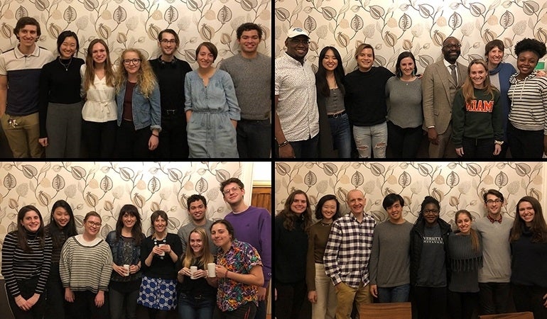 Groups of students and faculty posing in Dr. Paxton's living room