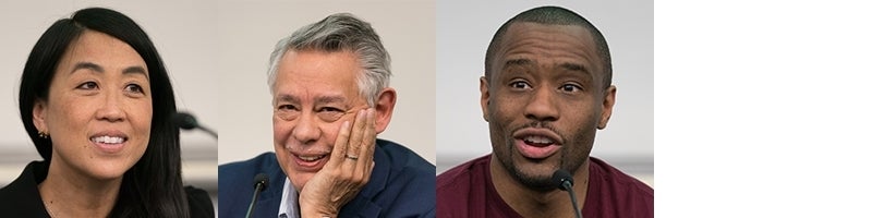 Photo of Panel 5 participants: Helen Gym, Juan González, and Marc Lamont Hill