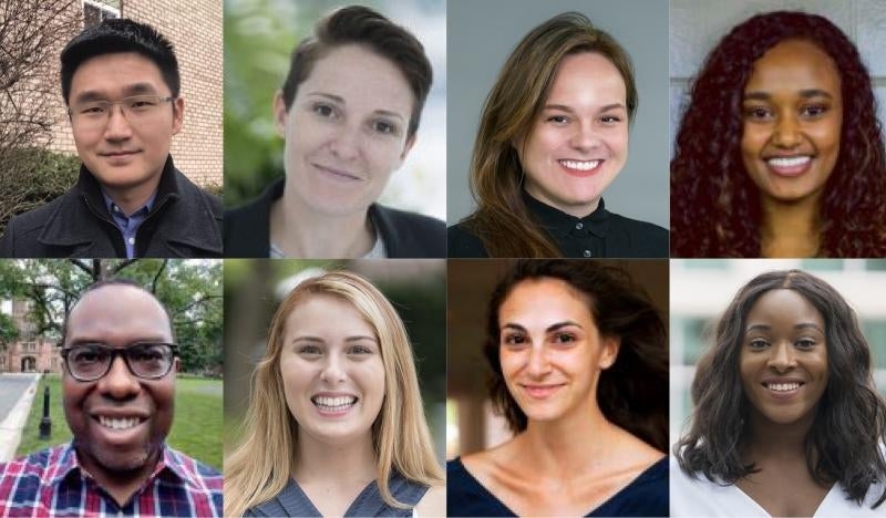 Collage of the eight 2018 COMPASS Fellows. The top row from left to right is Yang Bai, Lauren Bridges, Danyel Ferrari, Azeb Madebo. The bottom row from left to right is Christoph Mergerson, Chloé Nurik, Maria Skouras, Chioma Woko 