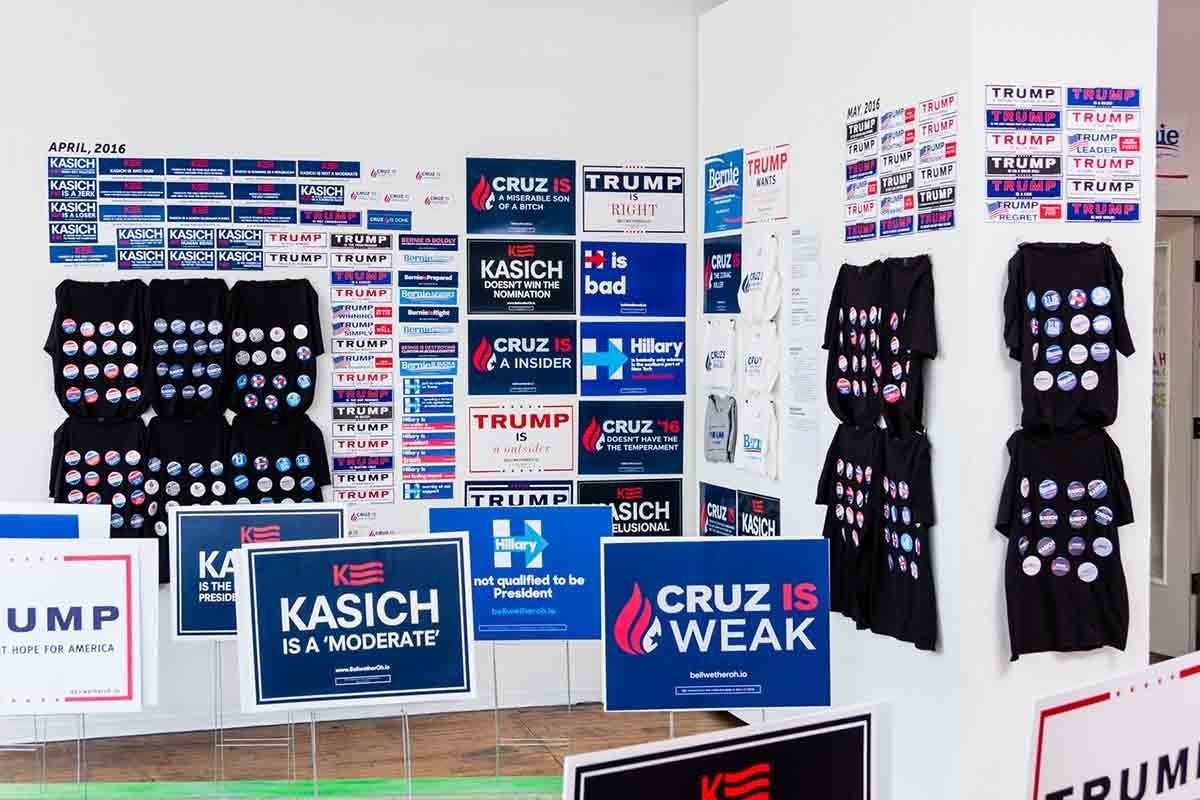 A gallery exhibit of altered campaign materials from the 2016 presidential election.