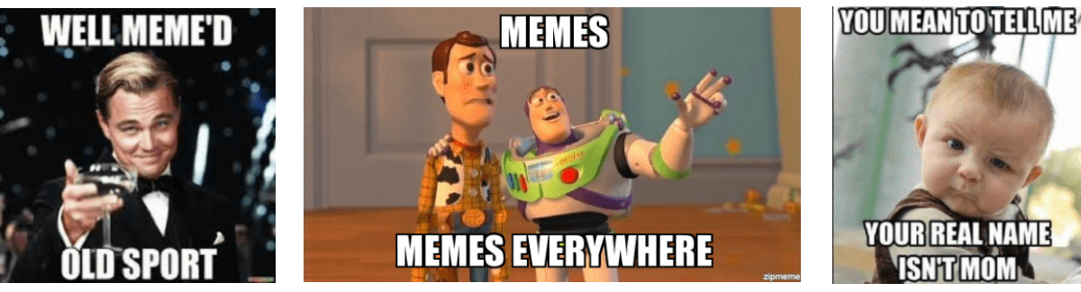 Three memes in a collage. The first meme has Leonardo DiCaprio in a black suit, holding up a champagne glass in a 'Cheers' motion, and it says the caption, "Well meme'd old sport". The second meme has Buzz Lightyear and Woody from Toy Story. Buzz has his hand out as if he's showing Woody something grand, and the caption is "Memes, memes everywhere. The third meme is of a visually confused baby and has the caption "You mean to tell me your real name isn't mom". 