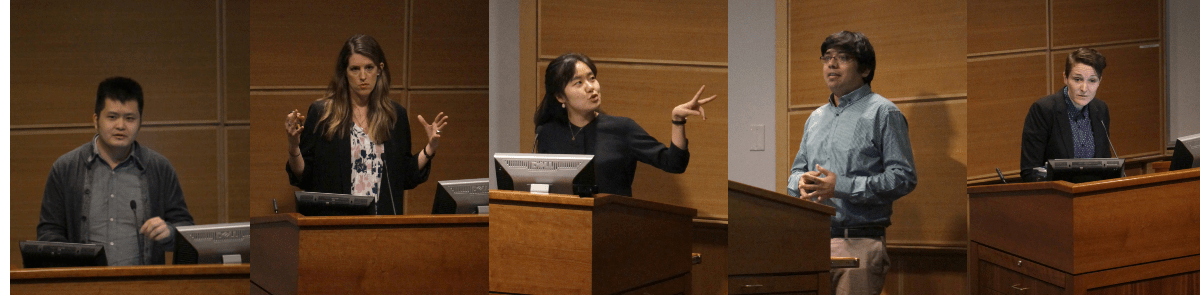 Collage of Yilang Peng, Jennifer R. Henrichsen, Do Eon Lee, Subhayan Mukerjee and Lauren Bridges photographed candidly while speaking